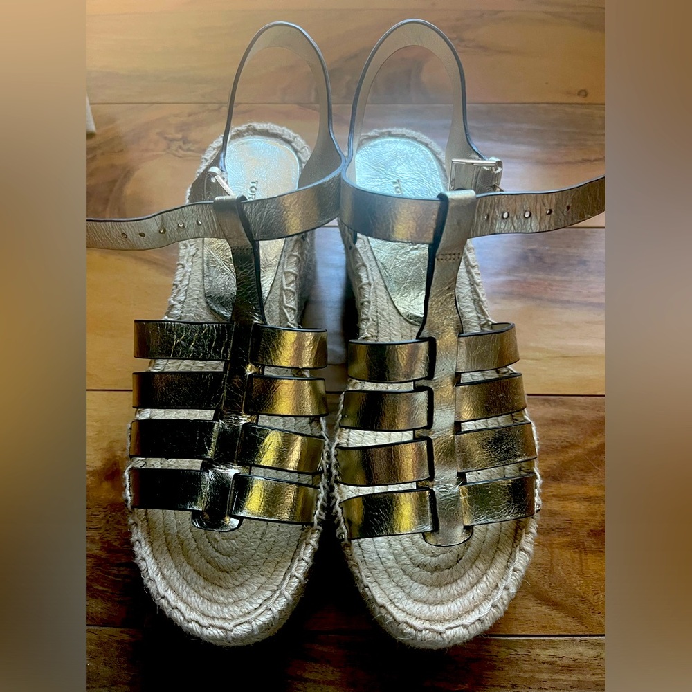 Tory Burch Gold Leather Espadrille Platform Sandals